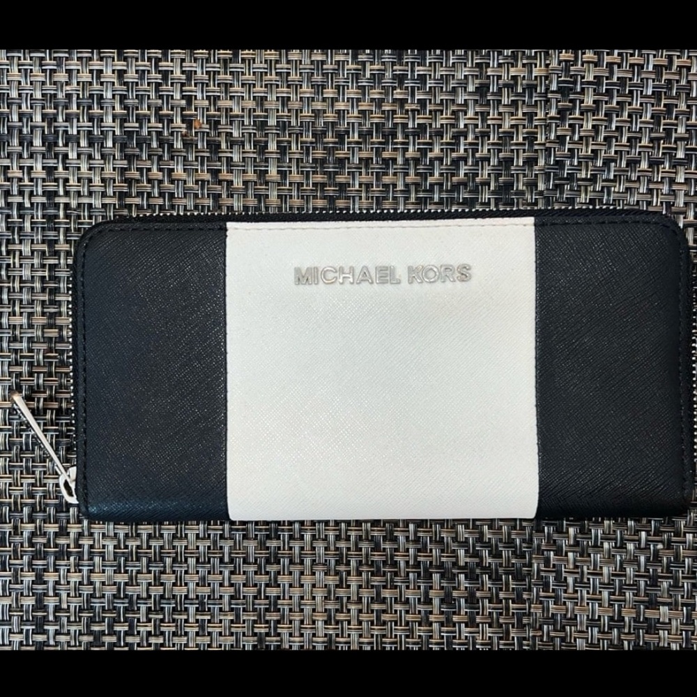 Michael Kors Black and White Colorblock Wallet with Silver Logo